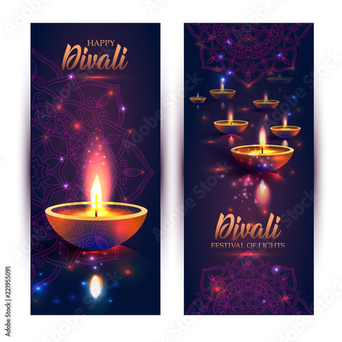 Happy Diwali festival of lights. Retro oil lamp on background night sky, Illustration in vector format. Banners vertical format.