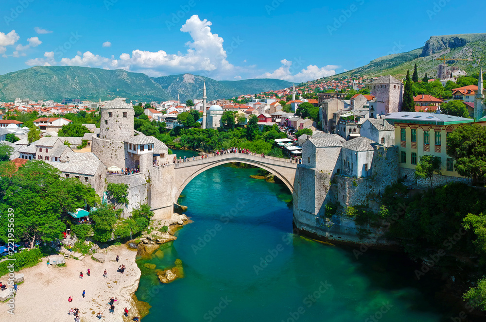 Panoramic aerial view of the Old Bridge (Stari Most), in Mostar, Bosnia and Herzegovina