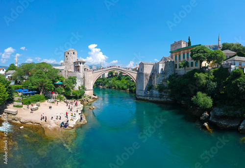 Panoramic aerial view of the Old Bridge  Stari Most   in Mostar  Bosnia and Herzegovina