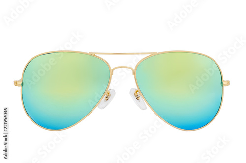 Gold sunglasses with Green Chameleon Mirror Lens isolated on white background