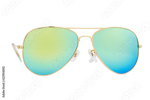 Gold sunglasses with green chameleon mirror lens isolated on white background.