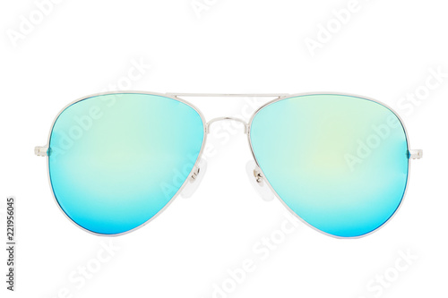 Silver sunglasses with Blue Chameleon Mirror Lens isolated on white background