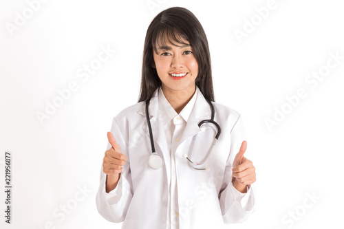 attractive Doctor Asian woman smile and show thumbs up good hand sign feeling so happiness and confident Isolated on white background Healthcare and Medical Concept
