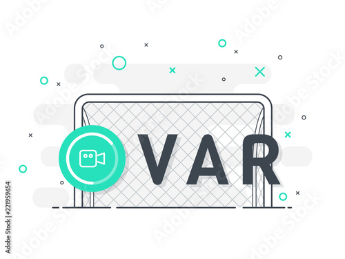 Soccer / football VAR System and replay kick on the gate. Video Assistant Referee. Trendy flat vector on white background.