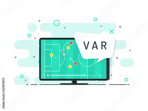 Soccer / football VAR System on the TV screen. Playing field on screen. Trendy flat vector illustration. 