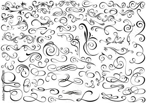 Set of Vector Graphic Elements in Calligraphic or Floral Design Style - 67 Black Illustrations, Vector