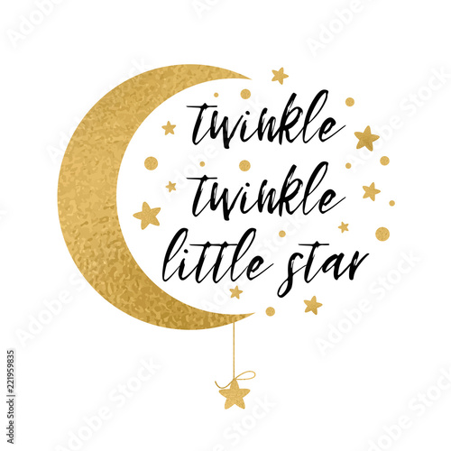 Twinkle twinkle little star text with gold star and moon for baby shower card design template