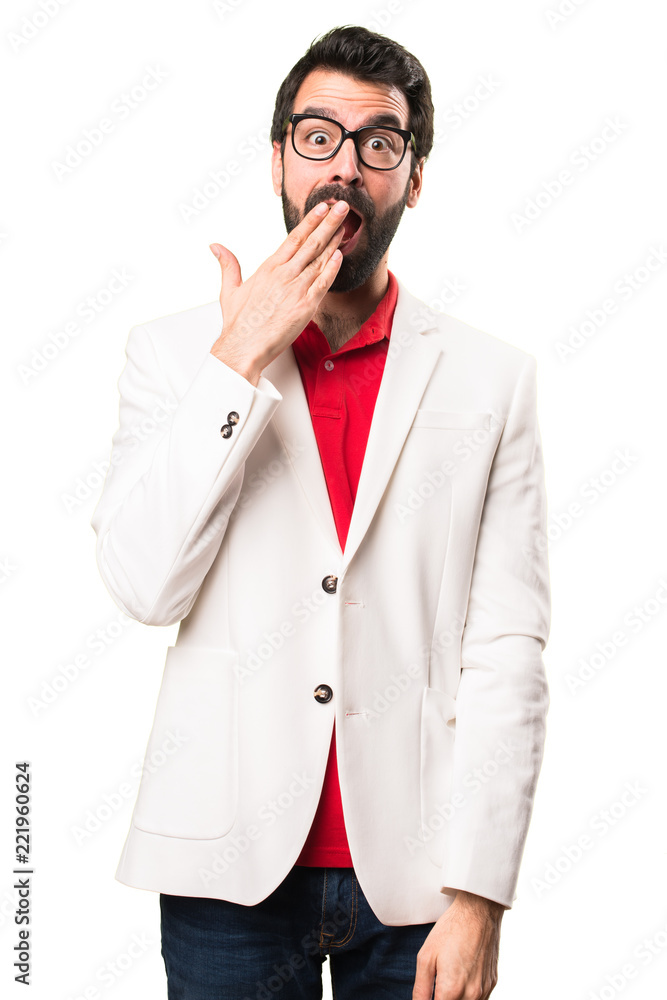 Brunette man with glasses making surprise gesture on white background Brunette man with glasses making surprise gesture on white background