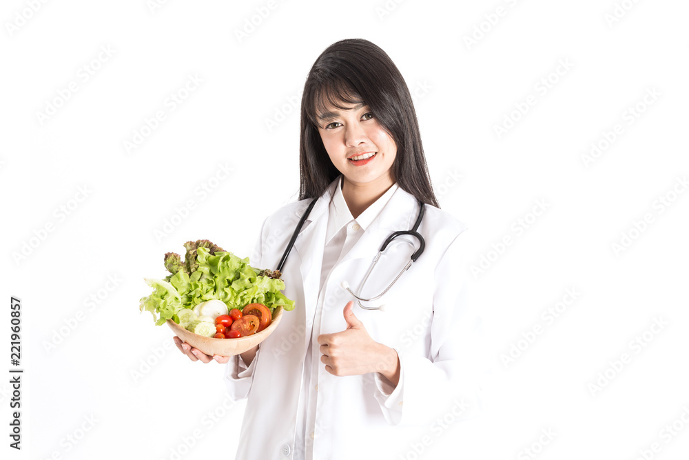 Beautiful Attractive Asian Doctor woman smile and holding fresh mixed vegetable salad for good health feeling so happiness,Isolated on white background Beautiful Attractive Asian Doctor woman smile and holding fresh mixed vegetable salad for good health feeling so happiness,Isolated on white background
