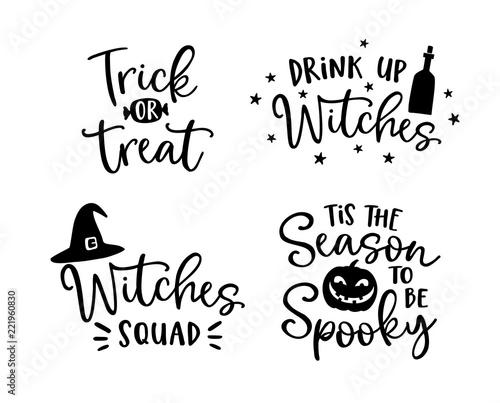 Set of handlettered Halloween phrases. Spooky auumn quotes with witches hat and scary pumpkin silhouette. Party lettering, calligraphy. Fall vector illustrations.