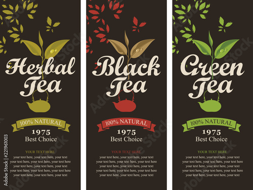 Vector set of three labels for black, green and herbal tea with a pattern of tea leaves and teapots, with place for text on a black background in retro style.