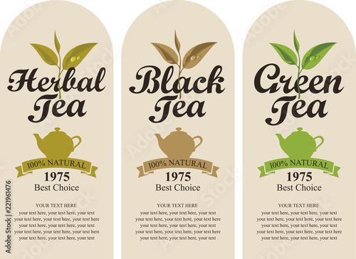 Vector set of three labels for black, green and herbal tea with a pattern of tea leaves and teapots, with place for text in retro style.