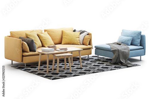 Modern furniture set with sofa, rug, chaise longue and coffee tables. 3d render