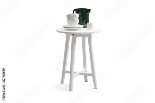 Modern white round coffee table with tableware on thin legs. 3d render
