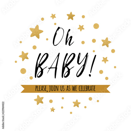 Oh baby text with gold polka dot golden star for girl boy baby shower card invitation template