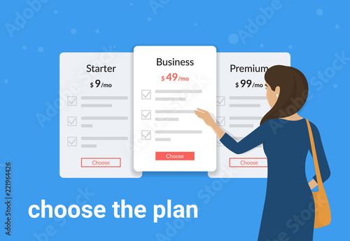 Choose your service or subscription plan. Young woman standing near pricing panels and choosing the plan for business. Flat vector illustration of people choosing between different types of payment