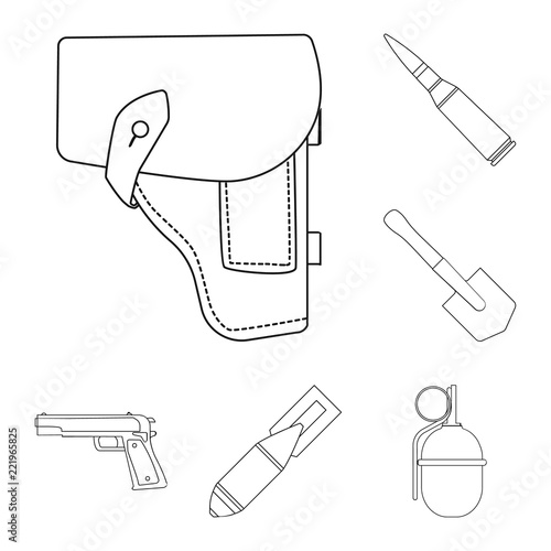Army and armament outline icons in set collection for design. Weapons and equipment vector symbol stock web illustration.
