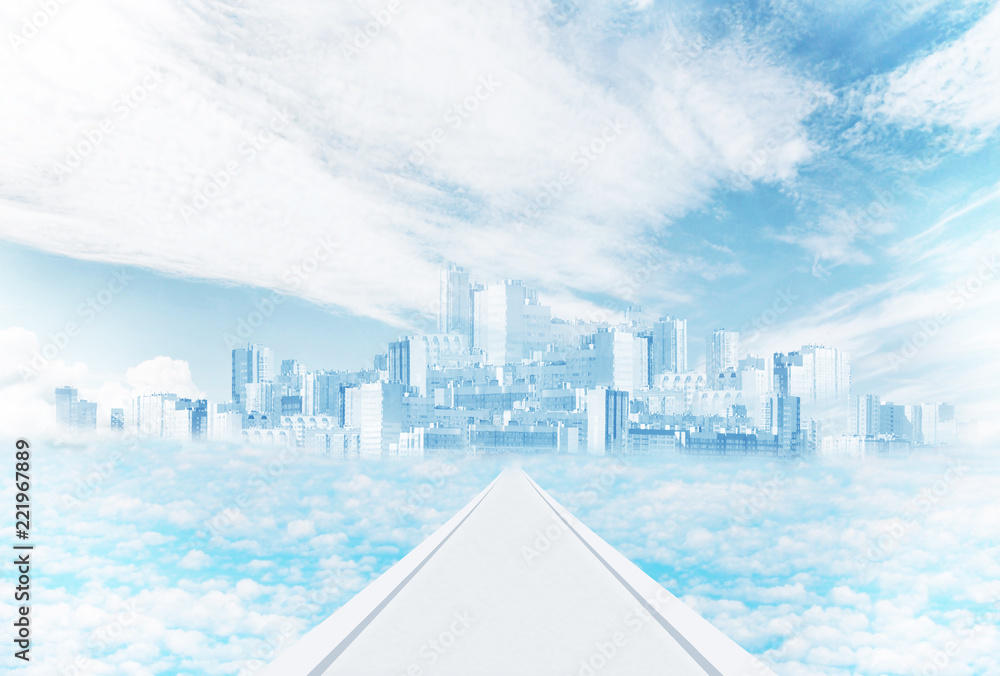 Mirage and fantasy. Mystic city in the sky among the clouds Stock Photo