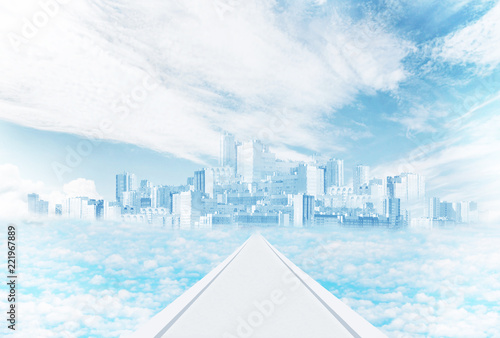 Mirage and fantasy. Mystic city in the sky among the clouds photo