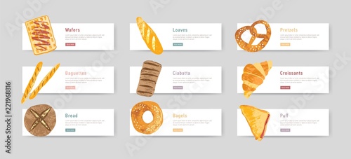 Bundle of web banners with fresh and tasty bread, pastry or baked products and place for text or description. Set of design elements. Vector illustration for bakery promotion, advertisement.