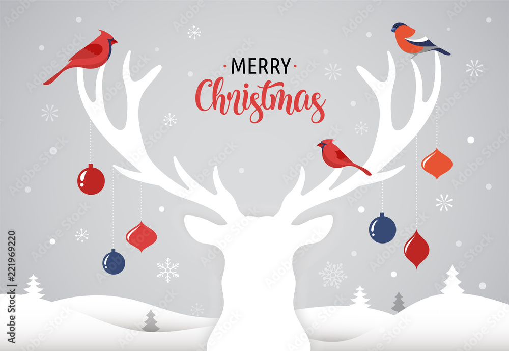 Naklejka Merry Christmas banner, Xmas template background with deer silhouette, Xmas decoration and birds