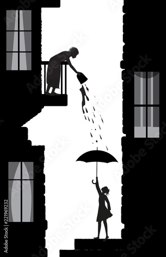 bad neighbor, tricks of a neighbor, woman poor the water from the balcony on the young woman downstairs, life in the city scene silhouettes,