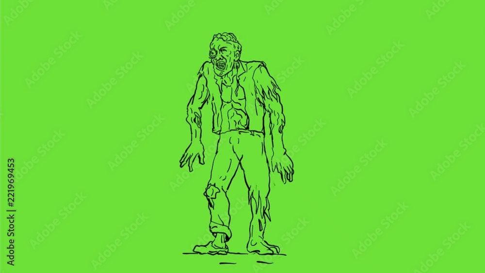 2d Animation motion graphics showing a zombie, a fictional undead being created by the reanimation of a human corpse, walking on white screen, green screen with alpha matte in HD high definition. 2d Animation motion graphics showing a zombie, a fictional undead being created by the reanimation of a human corpse, walking on white screen, green screen with alpha matte in HD high definition.