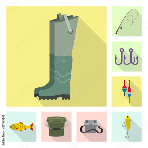 Vector illustration of fish and fishing logo. Collection of fish and equipment stock symbol for web.