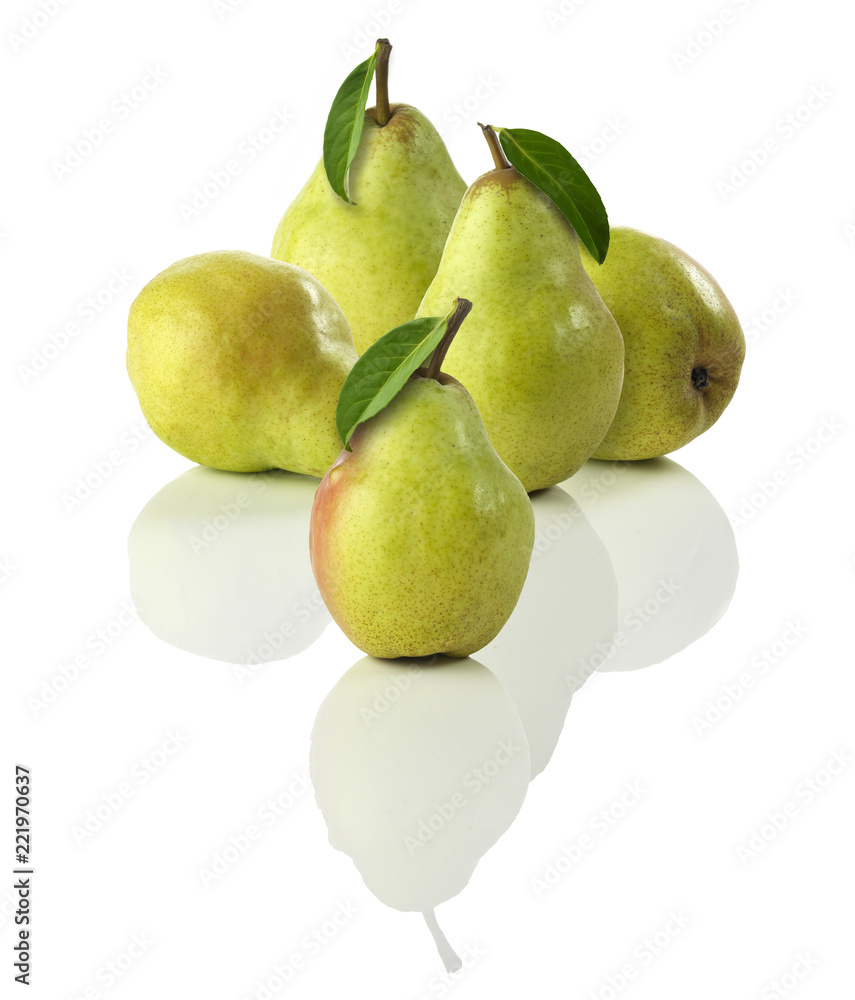 green pears group with reflection and leaf on white background. green pears group with reflection and leaf on white background.