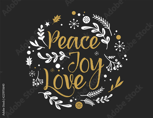 Merry Christmas Background with Typography, Lettering. Greeting card - Peace, Joy, Love - stock vector