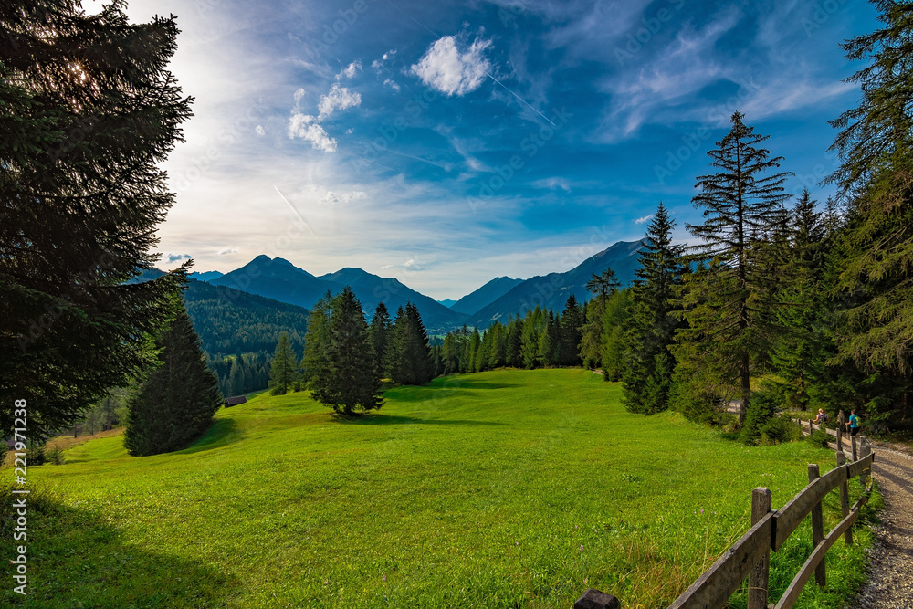 A path in the Alps on a sunny summer day with some cirrostratus clouds, green fields and trees. Austria, September 2018
