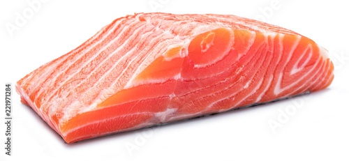Fresh raw salmon fillet on white background.