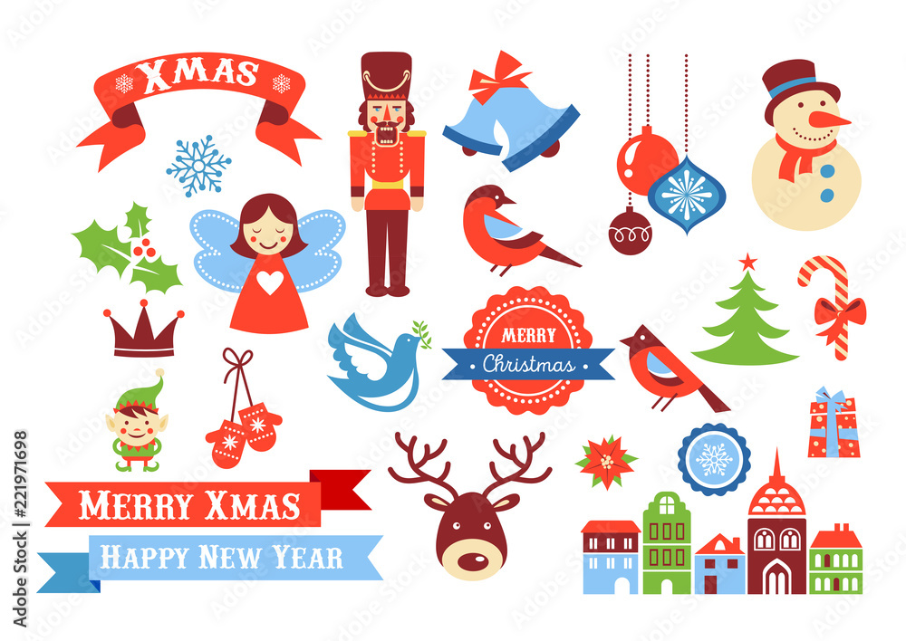Merry Christmas icons, retro style elements and illustration, tags and labels