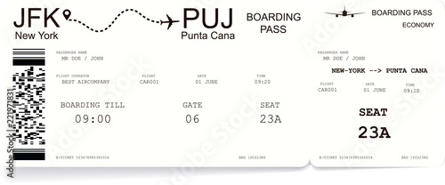 Detailed realistic airline boarding pass. Vector illustration of airplane ticket. photo