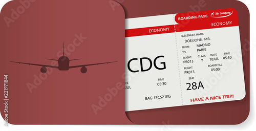 Vector illustration of airline ticket or boarding pass. Red colors