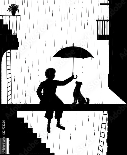 take care the dog, swagman holding the umbrella above the dog, my friend dog, black and white, shadow,