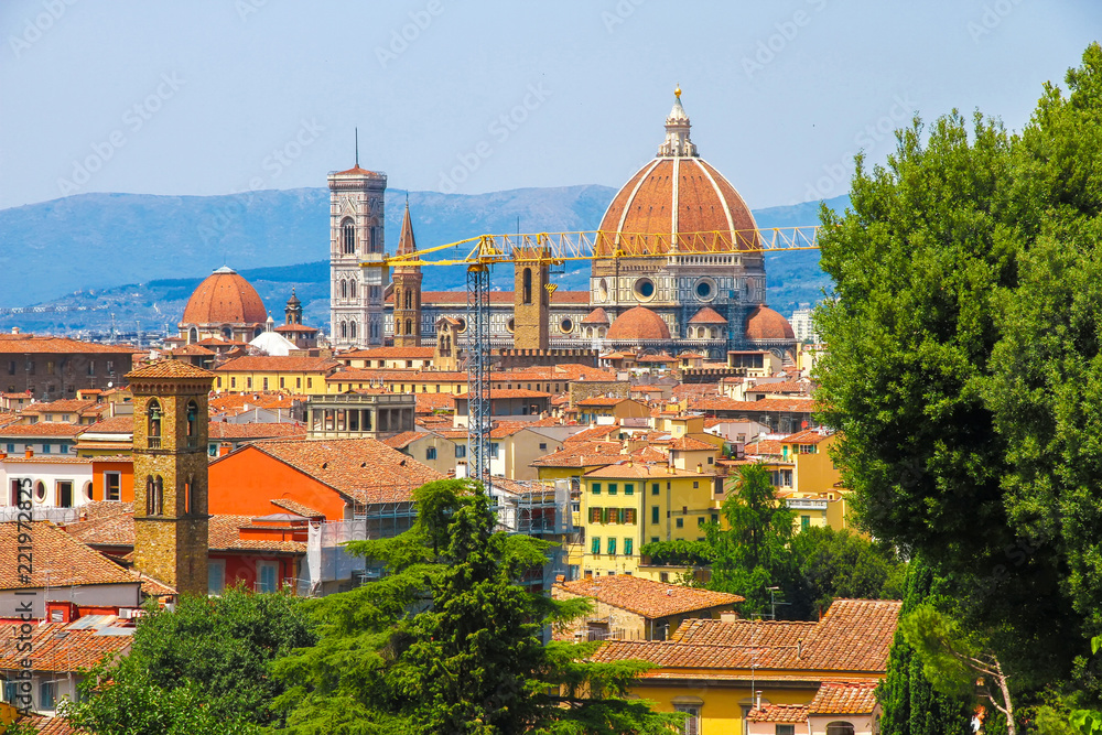Landscape view of the historic buildings of Florence, Italy on a sunny day.