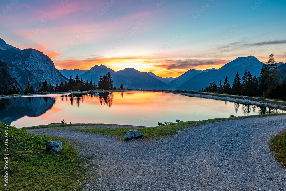 A beautiful sunset at the Ehrwalder Almsee in Austria, September 2018