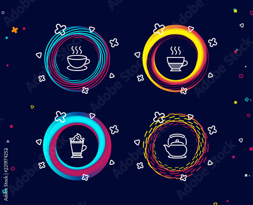 Set of Cappuccino, Latte coffee and Doppio icons. Teapot sign. Espresso cup, Hot drink with whipped cream, Coffee drink. Tea kettle.  Circle banners with line icons. Gradient colors shapes. Vector