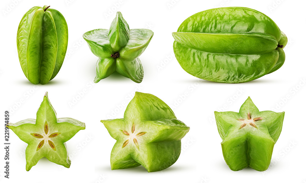 Set green star fruit carambola, whole, cut in half Stock Photo | Adobe Stock