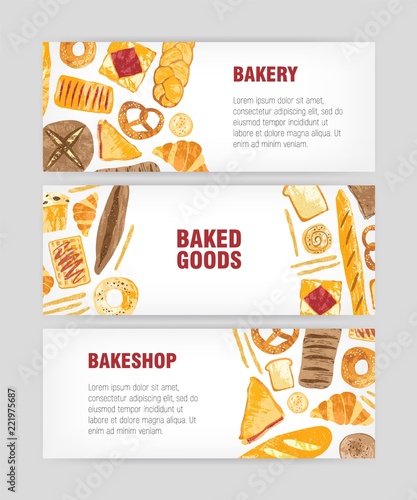 Set of web banner templates with delicious bread, pastry or baked products and place for text on white background. Colorful vector illustration for bakery or bakeshop promotion, advertisement.
