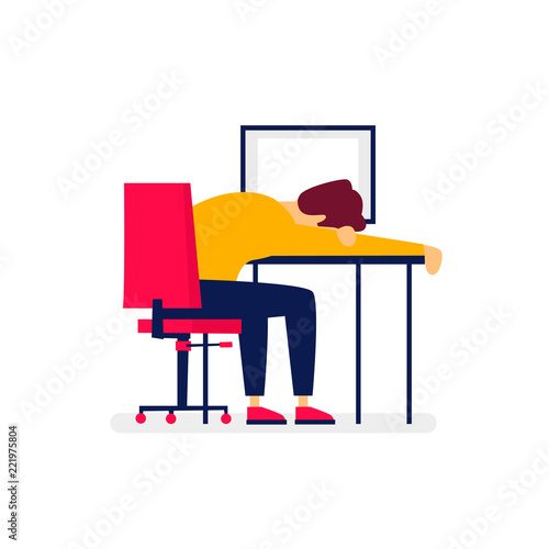 Businessman fell asleep in the workplace. Flat illustration in cartoon style. Vector.