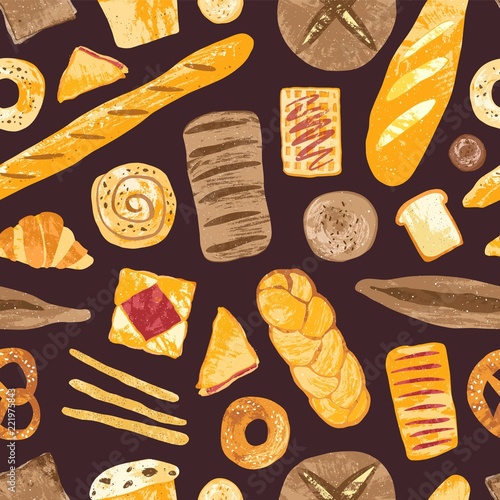 Seamless pattern with delicious breads, sweet pastry, baked products or bakery goods of various types on dark background. Colorful vector illustration for textile print, wallpaper, wrapping paper.