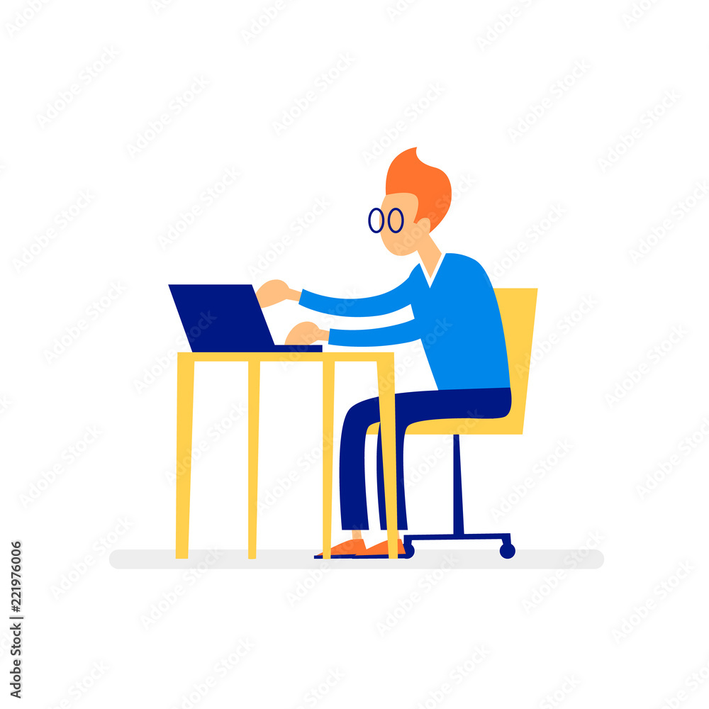 Man working at a computer, character, office, business, programmer. Workplace. Flat style vector illustration. Man working at a computer, character, office, business, programmer. Workplace. Flat style vector illustration.