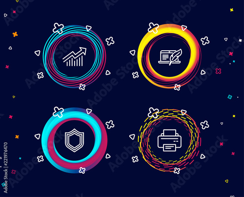 Set of Copyright laptop, Security and Demand curve icons. Printer sign. Writer device, Protection shield, Statistical report. Printing device.  Circle banners with line icons. Gradient colors shapes photo