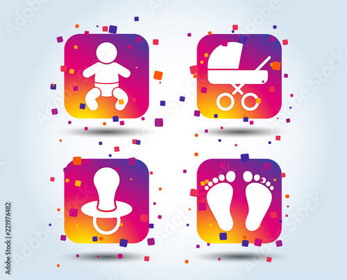 Baby infants icons. Toddler boy with diapers symbol. Buggy and dummy signs. Child pacifier and pram stroller. Child footprint step sign. Colour gradient square buttons. Flat design concept. Vector