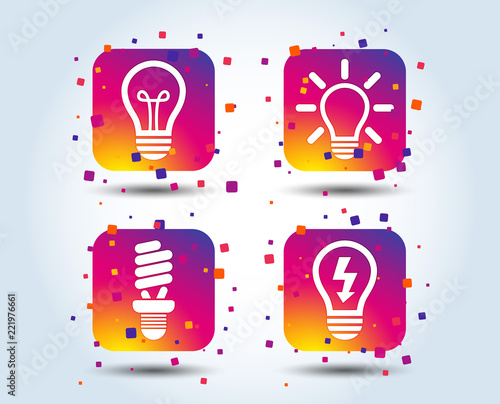Light lamp icons. Fluorescent lamp bulb symbols. Energy saving. Idea and success sign. Colour gradient square buttons. Flat design concept. Vector