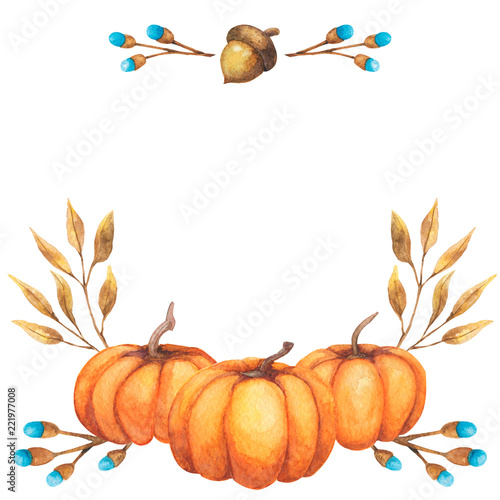 Watercolor background autumn design with pumpkin motley foliage celebration harvesting. Hand-drawn watercolor illustration.