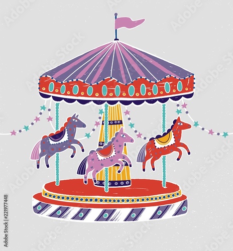 Carousel, roundabout or merry-go-round with adorable horses or ponies. Amusement ride for children's entertainment decorated with star garlands. Colorful vector illustration in flat cartoon style.