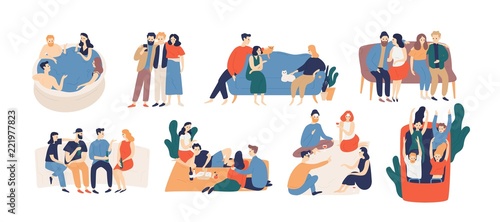 Collection of friends spending time together. Bundle of young men and women playing game, riding roller coaster, talking, having picnic lunch. Colorful vector illustration in flat cartoon style.